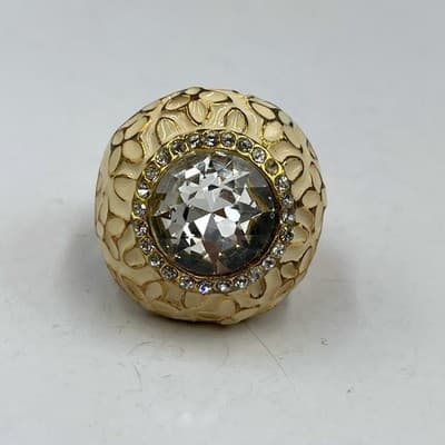 Vintage Cream Enamel Floral Cocktail Ring with Large Sparkling Crystal Center