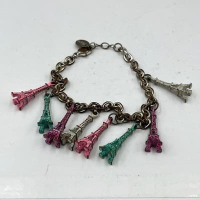 Claire's Eiffel Tower Charm Bracelet Silver Tone Multi-Color Pink Teal Paris 7"