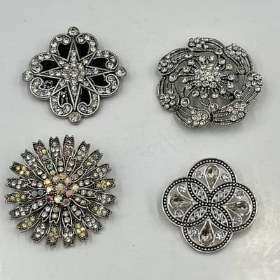 VTG Set of 4 Vintage Silver Tone Rhinestone Brooches Floral Star Burst Jewelry