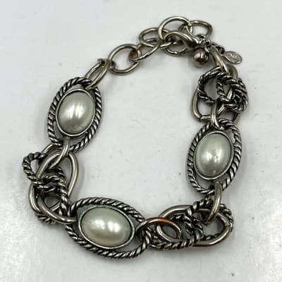 VTG Silver Tone Chunky Link Faux Pearl Bracelet Twisted Rope Cabochon Statement