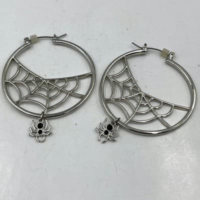VTG Spider Web Hoop Earring Silver Tone Gothic Halloween Dangle Black Rhinestone