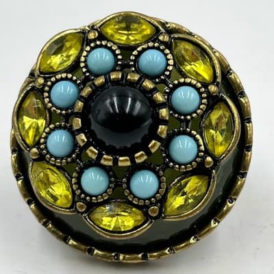 VTG Statement Adjustable Stretch Ring Yellow & Aqua Blue Gem Cluster Gold Tone
