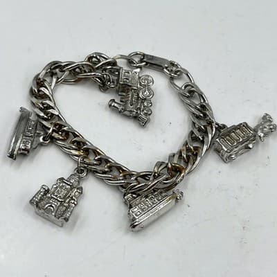 VTG Silver Tone Travel Charm Bracelet Steam Train Castle Trolley Travel Themed