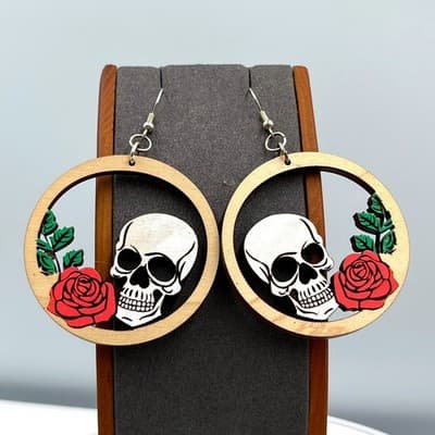 VTG Skull Rose Wood Hoop Earrings Gothic Floral Laser Cut Dangle Boho Rockabilly