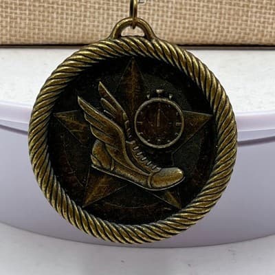 VTG Bronze Winged Foot Running Shoe Medal Pendant Necklace Track Field Jewelry