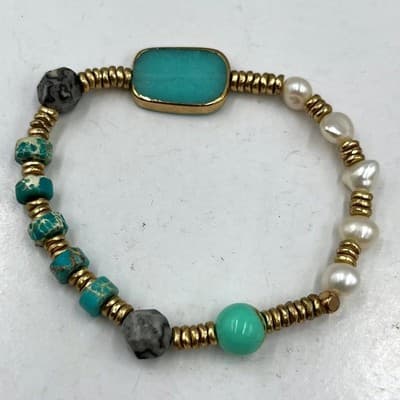 VTG Mixed Stone & Pearl Stretch Bracelet Turquoise Jasper Magnesite - Gold Tone