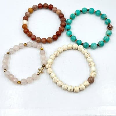 VTG Natural Stone Stretch Bracelet Set Boho Amazonite Rose Quartz Howlite 4pc