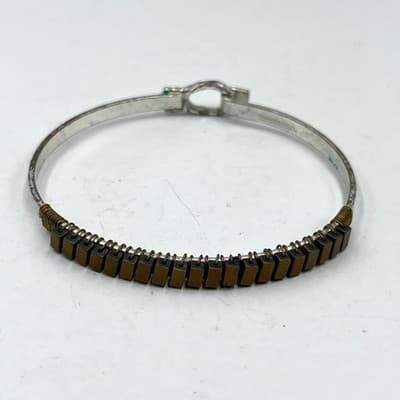 Vintage Artisan Hammered Silver Bangle Bracelet Wire Wrapped Boho Bead Statement