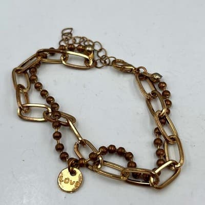 Vintage Gold Tone Double Layer Bracelet - Paperclip & Ball Chain - "LOVE" Charm