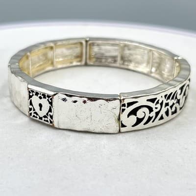 VTG Silver Tone Filigree Stretch Bracelet Hammered Heart Lock Panel Stackable