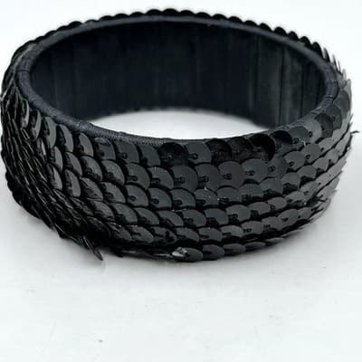 Vintage Black Sequin Bangle Bracelet Glam Disco Shimmer Statement Cuff 7" Sizing
