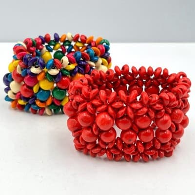 Vintage Boho Wood Bead Stretch Bracelet Set Red & Multicolor Chunky Layered Cuff