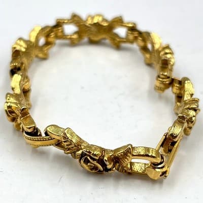 VTG Gold Tone Rose Flower Link Bracelet Textured Floral Romantic Jewelry 6.5"
