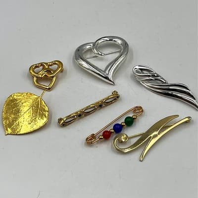 VTG Brooch Lot Gold Silver Tone Heart Leaf Swirl Safety Pin 7pc Jewelry Bundle