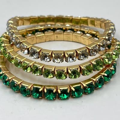 Vintage Gold Tone Green Clear Crystal Stackable Stretch Bangle Bracelet Set 3pc