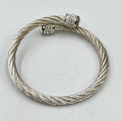 Vintage Silver Tone Twisted Cable Bangle Bracelet Sparkling Pave Crystal End Cap