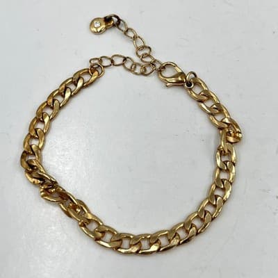 Vintage Gold Tone Curb Chain Bracelet Rhinestone Charm Adjustable Lobster Clasp