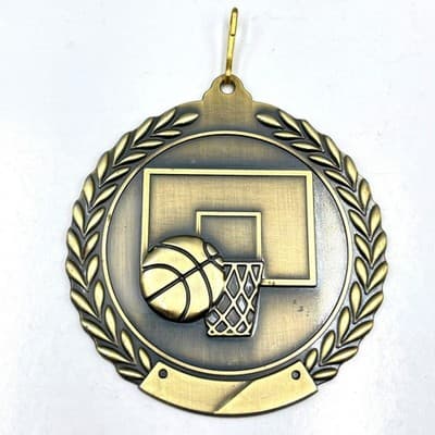 Vintage Bronze Tone Basketball Medal Laurel Wreath Sports Trophy Pendant 2.5"