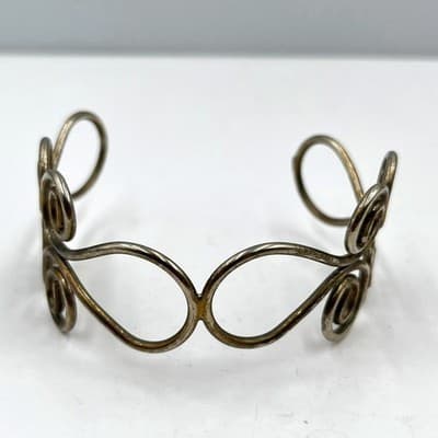 Vintage Silver Tone Filigree Swirl Cuff Bracelet Boho Artistic Wire Wrap Bangle