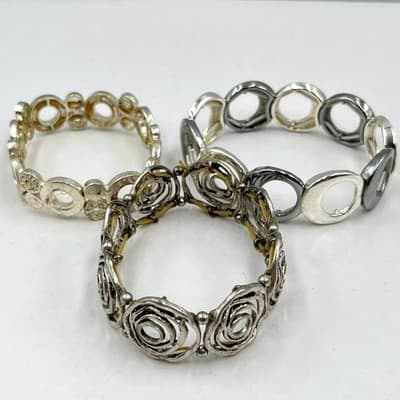 VTG Silver Tone Stretch Bracelet Set 3 Pc Geometric Rosette Rhinestone Stackable
