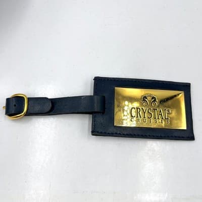 Vintage Crystal Cruises Luxury Luggage Tag Blue Leather Gold Tone Brass Plate