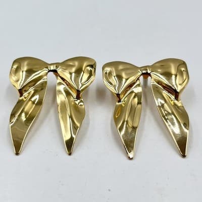 Vintage Gold Bow Stud Earrings High Polish Oversized Ribbon Statement Jewelry