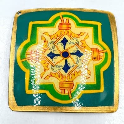 VTG Italian Venetian Enamel Plaque Pendant Tile Medallion Green Gold Star Motif