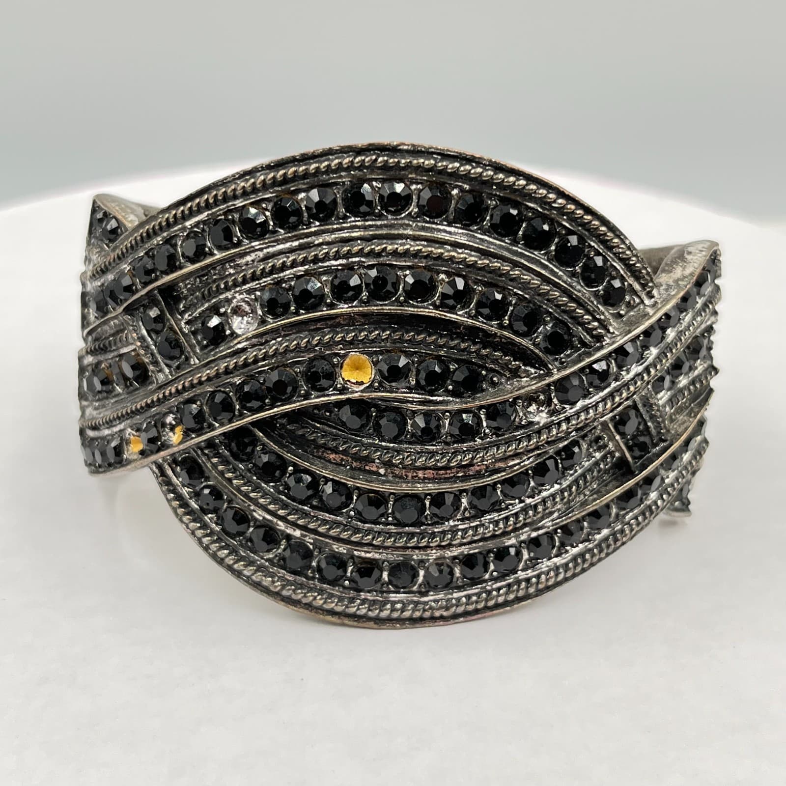 Vintage Gothic Black Rhinestone Hinged Cuff Bracelet Silver Tone Statement Bold
