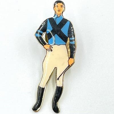 Vintage Enamel Jockey Pin, Horse Racing Memorabilia, Blue & Black Silks Brooch