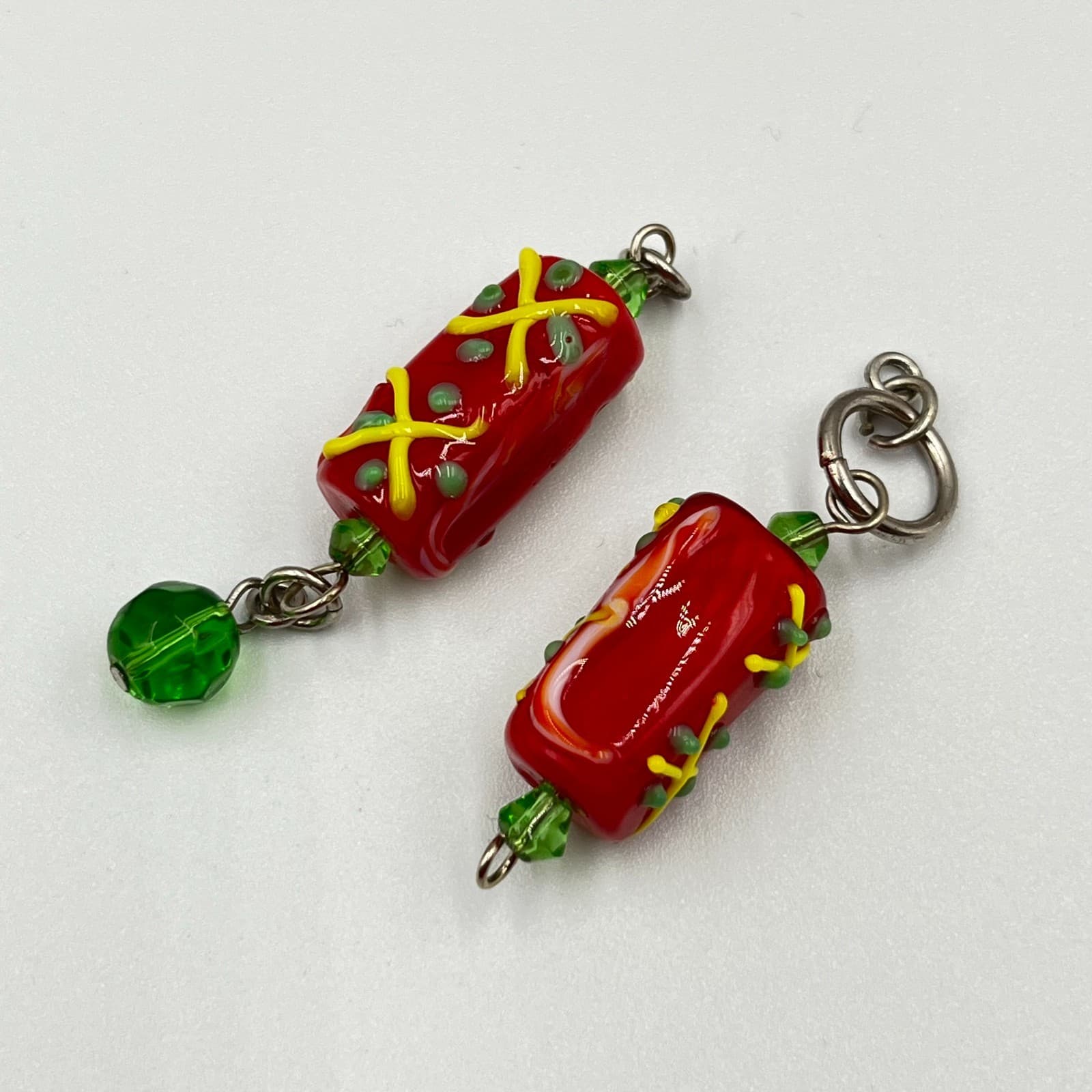 Vintage Boho Earrings Set Red Lampwork Glass & Green Floral Ceramic Dangles 2Pc