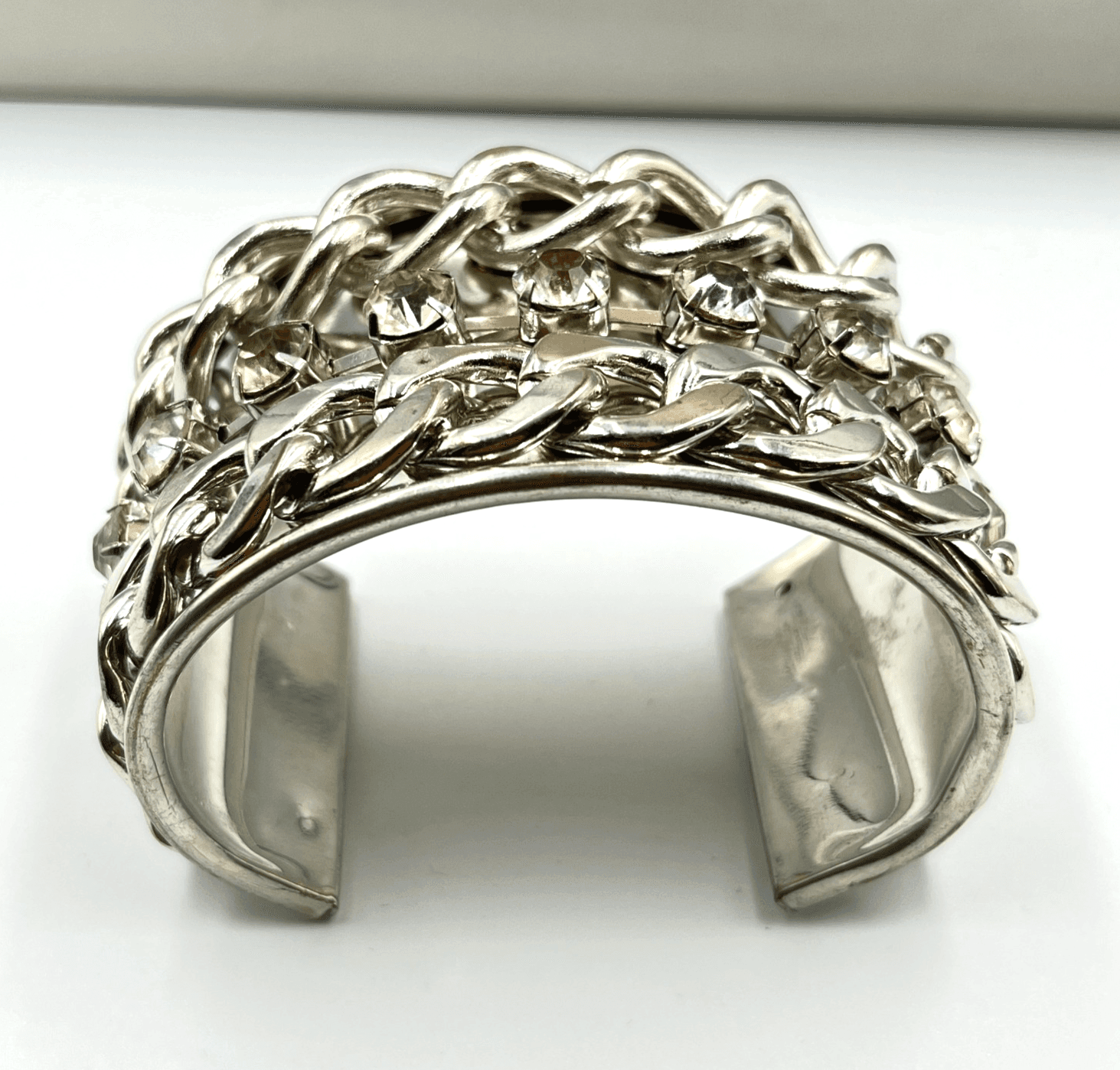Vintage Silver Tone Curb Chain Rhinestone Wide Cuff Bracelet Glam Rock Statement