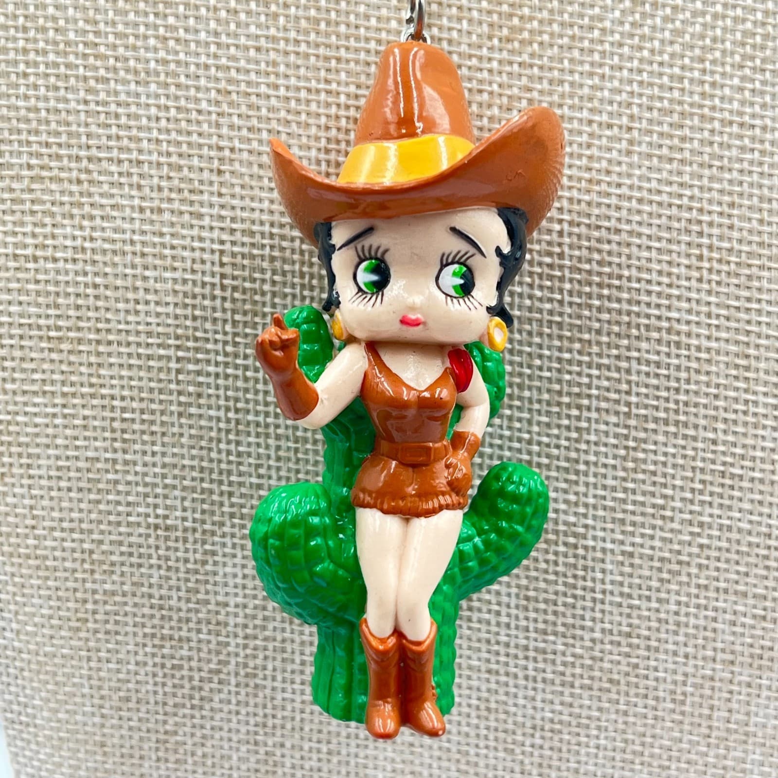 Vintage Style Betty Boop Cowgirl Cactus Pendant Necklace Retro Resin Jewelry