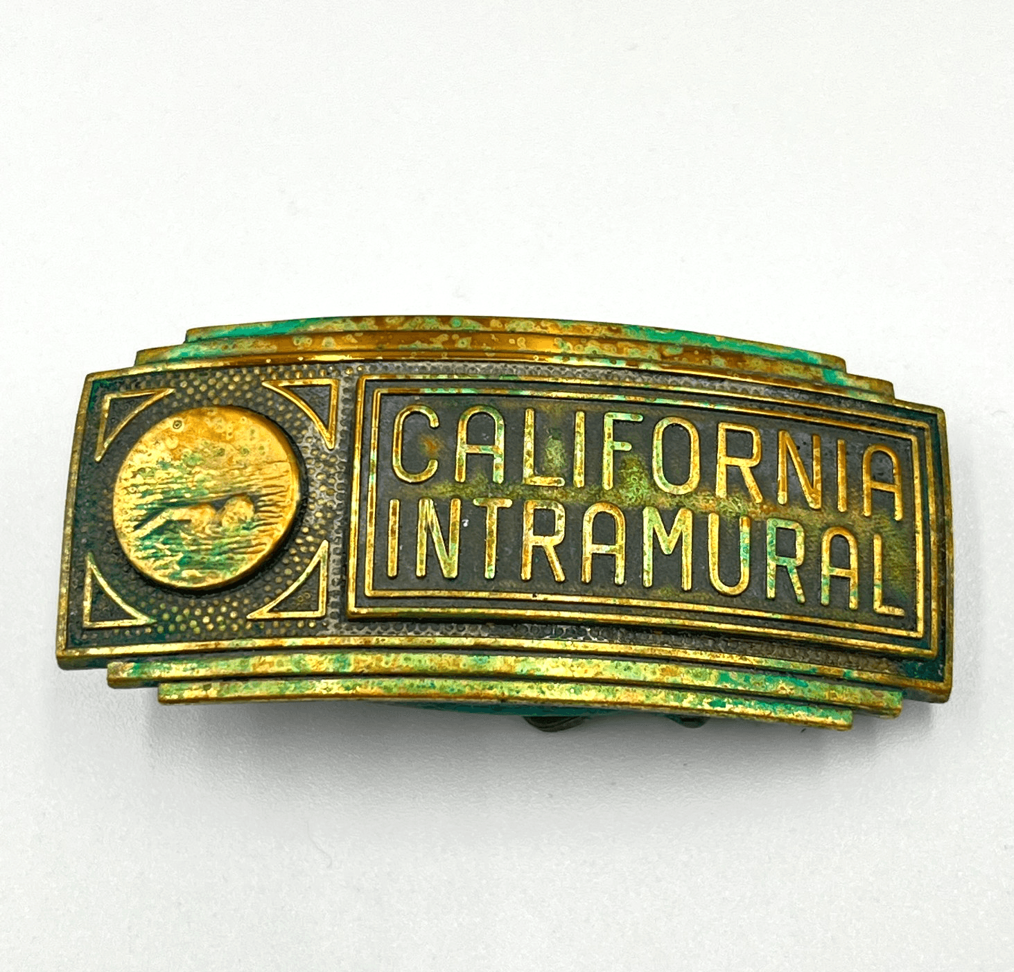 Vintage California Intramural Brass Belt Buckle Art Deco Swimming Trophy Style