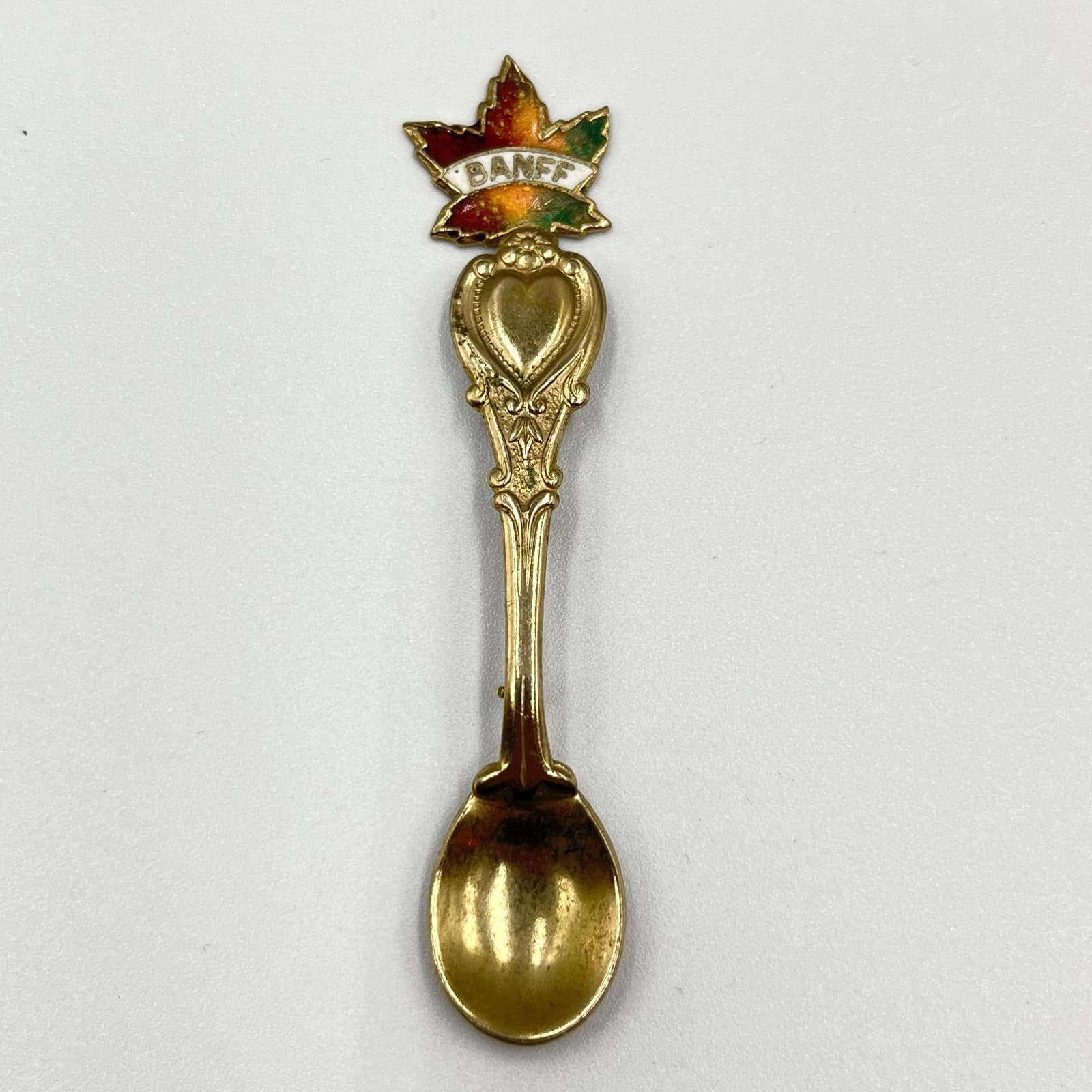 Vintage Banff Canada Souvenir Spoon Brooch Gold Tone Enamel Maple Leaf Heart Pin