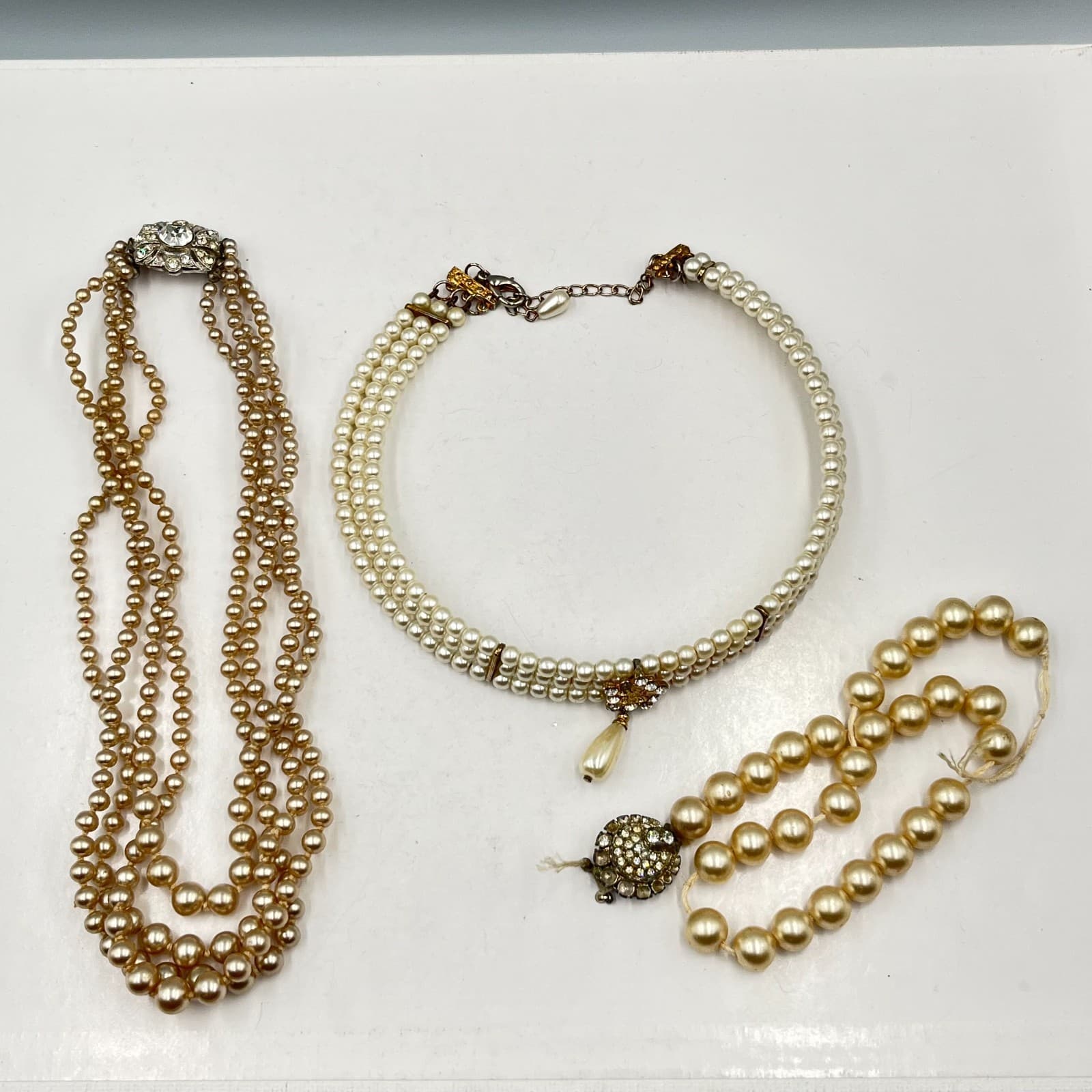 Vintage Retro 3pc Faux Pearl Necklace Set Champagne Cream Rhinestone Clasp Lot