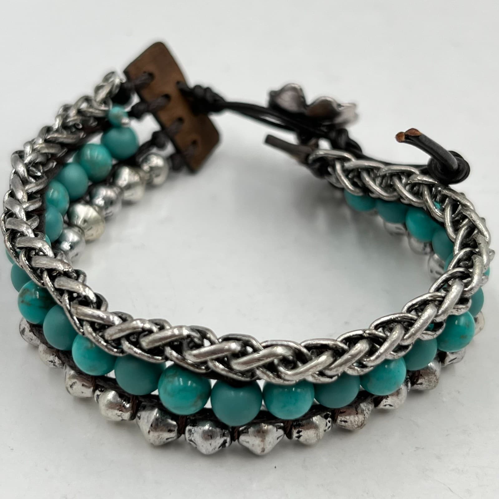 Vintage Boho Turquoise Beaded Multi-Layer Bracelet Leather Floral Button Clasp