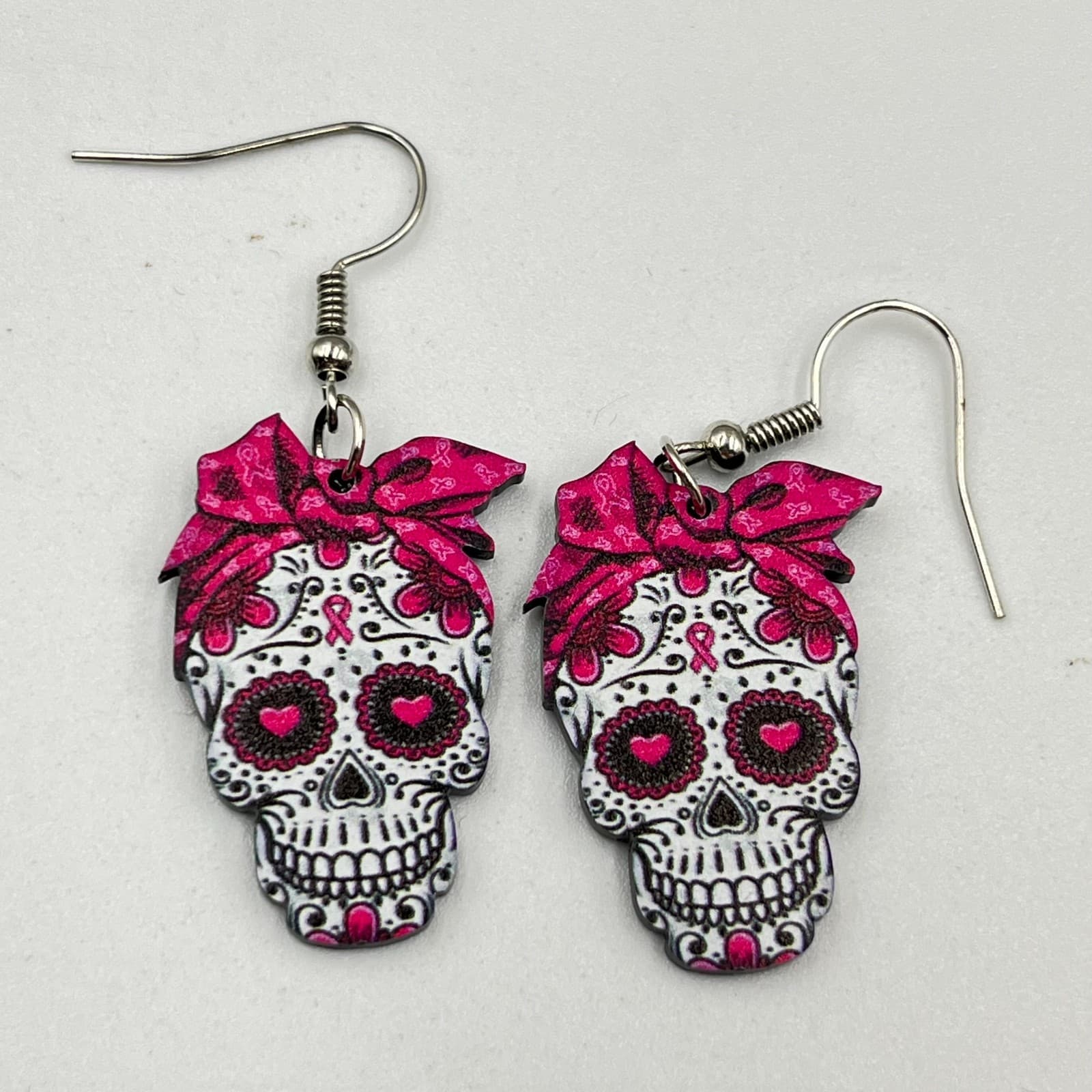 Vintage Day of the Dead Sugar Skull Acrylic Earrings - Pink Bow Rockabilly Boho
