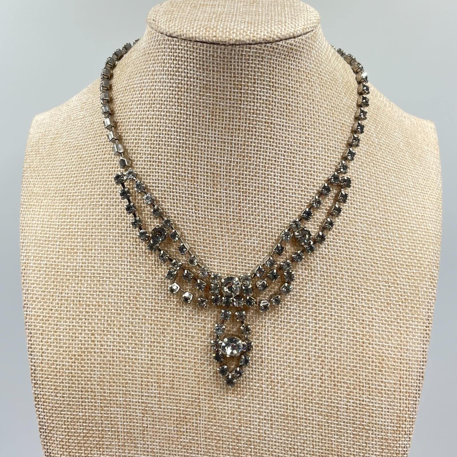 Vintage Mid-Century Rhinestone Necklace & Bracelet Set Silver Tone Deco Glam