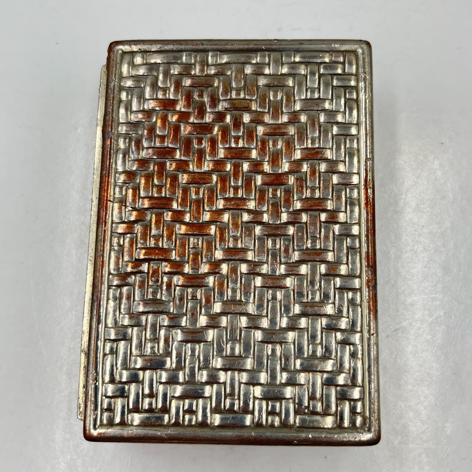 Vintage Basketweave Silver Tone Trinket Jewelry Box Retro Textured Metal Case