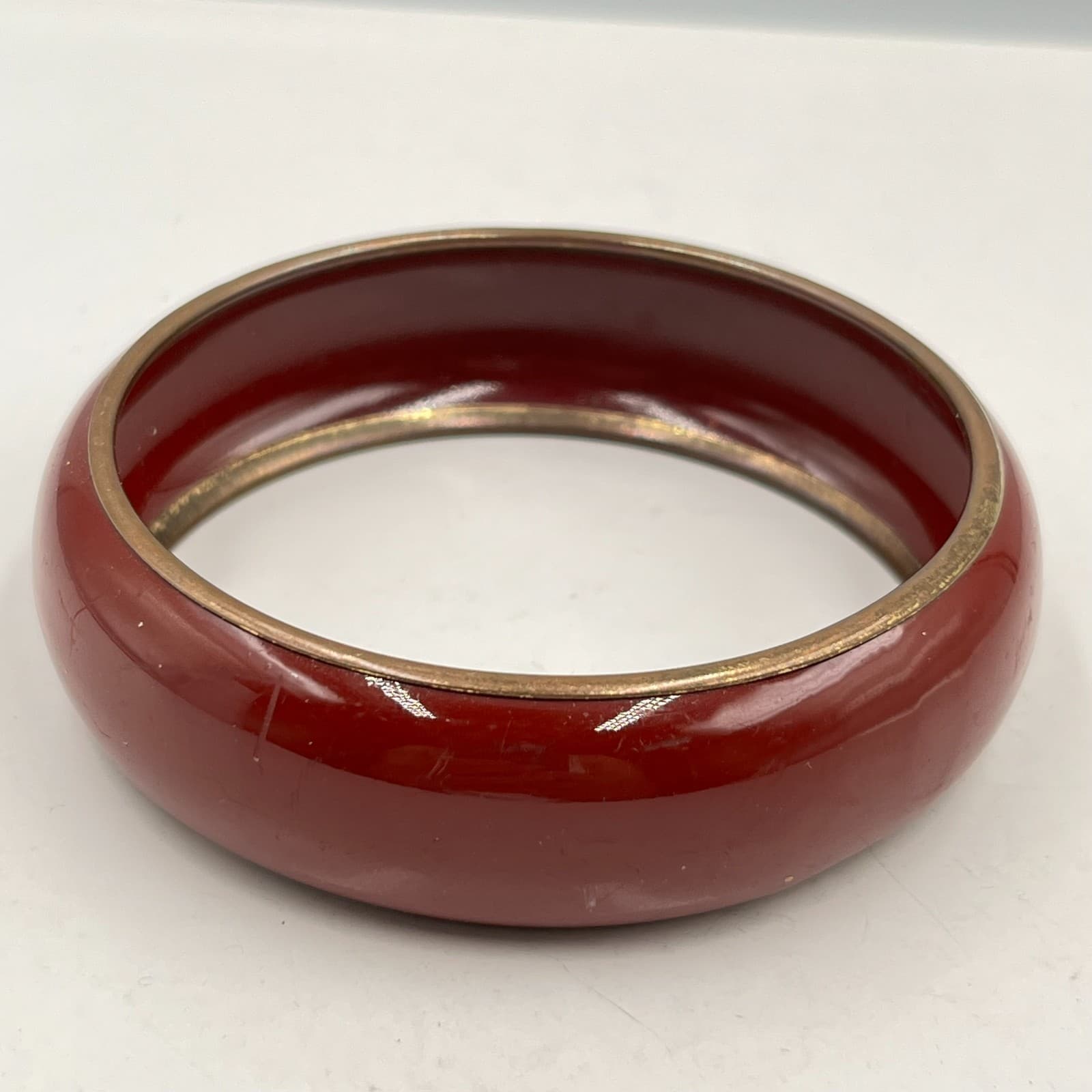 Vintage Retro Deep Red Enamel Bangle Bracelet Gold Tone Trim Minimalist Boho