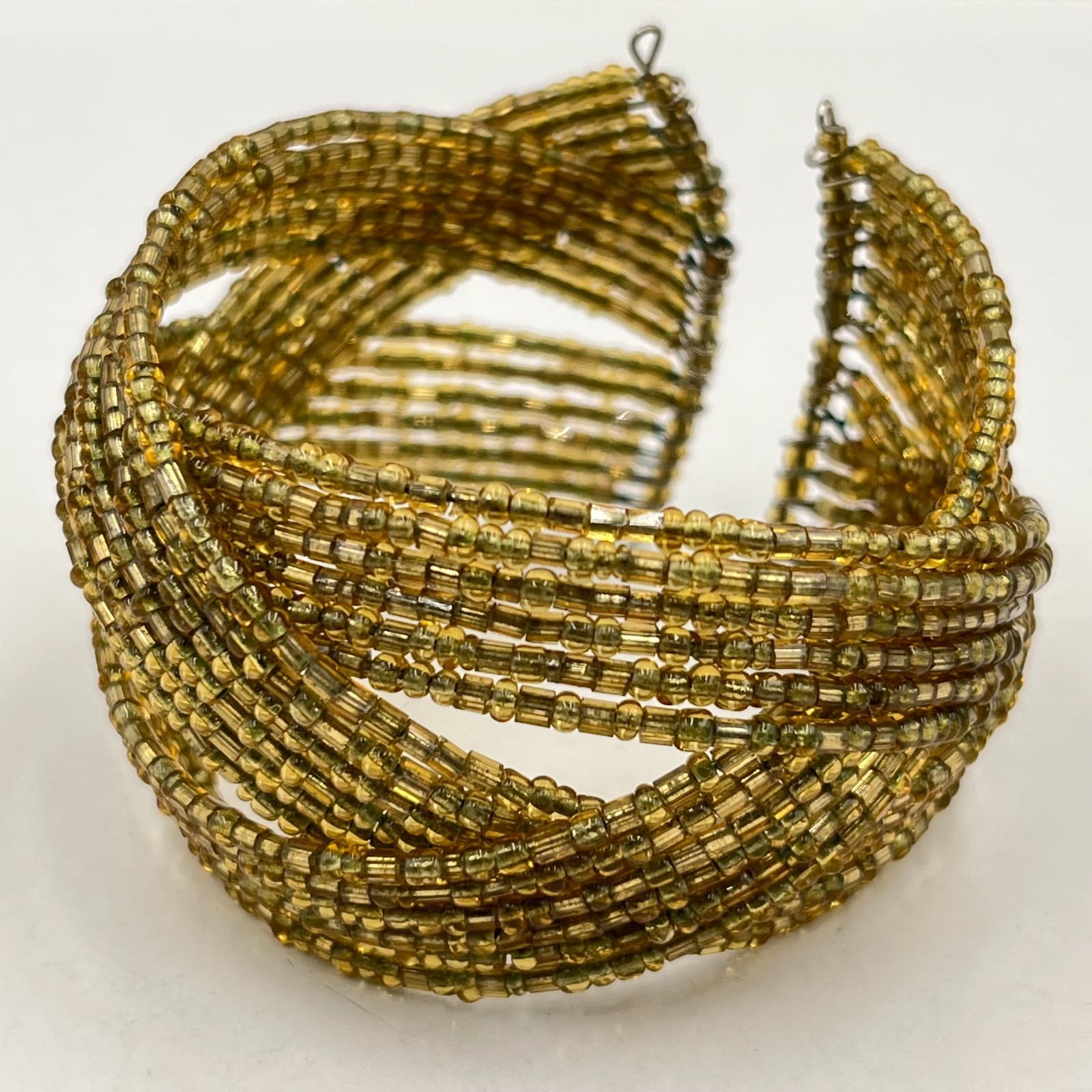 Vintage Boho Gold Tone Seed Bead Multi-Strand Memory Wire Cuff Bracelet