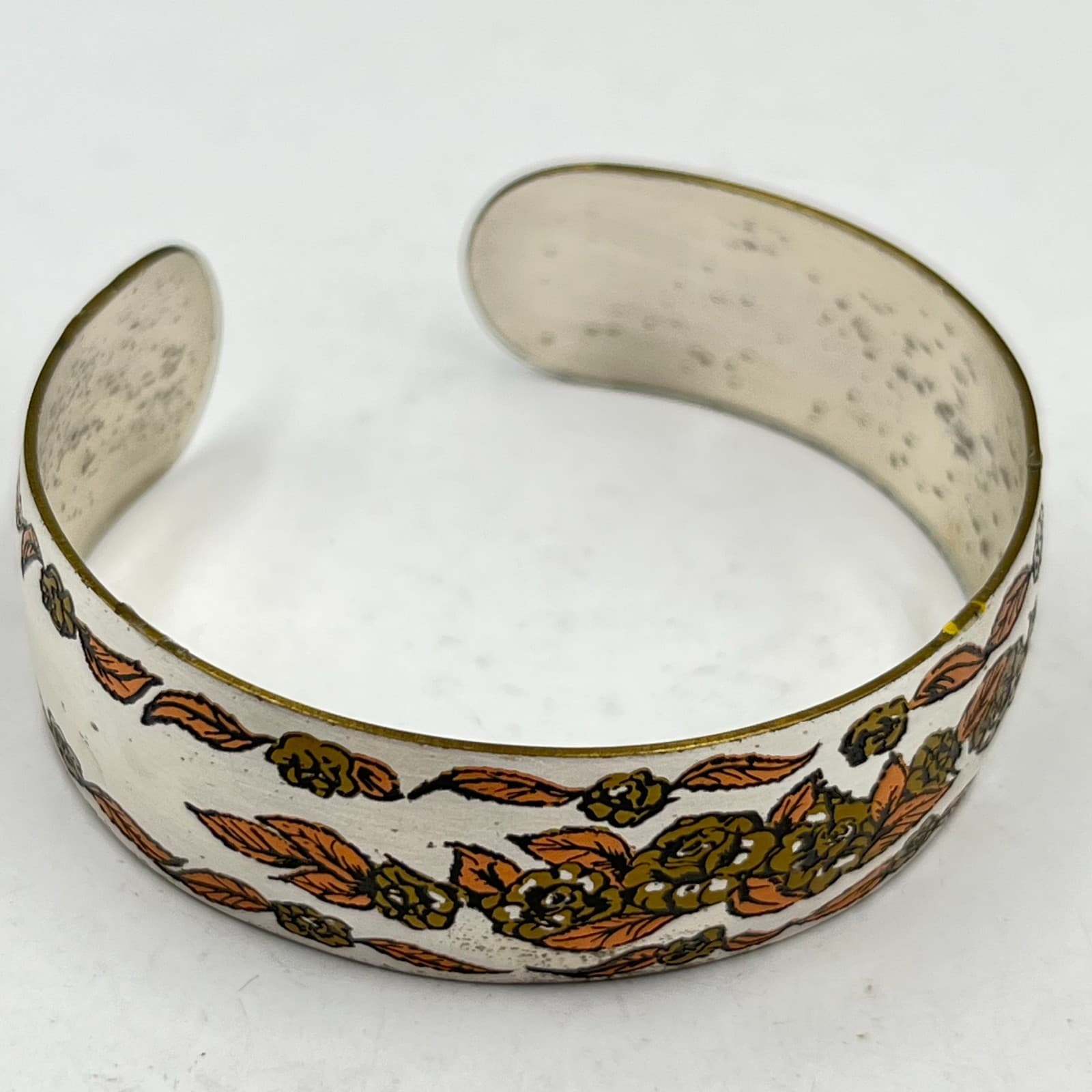 Vintage Floral Etched Silver Tone Cuff Bracelet Earthy Rose Leaf Motif Classic