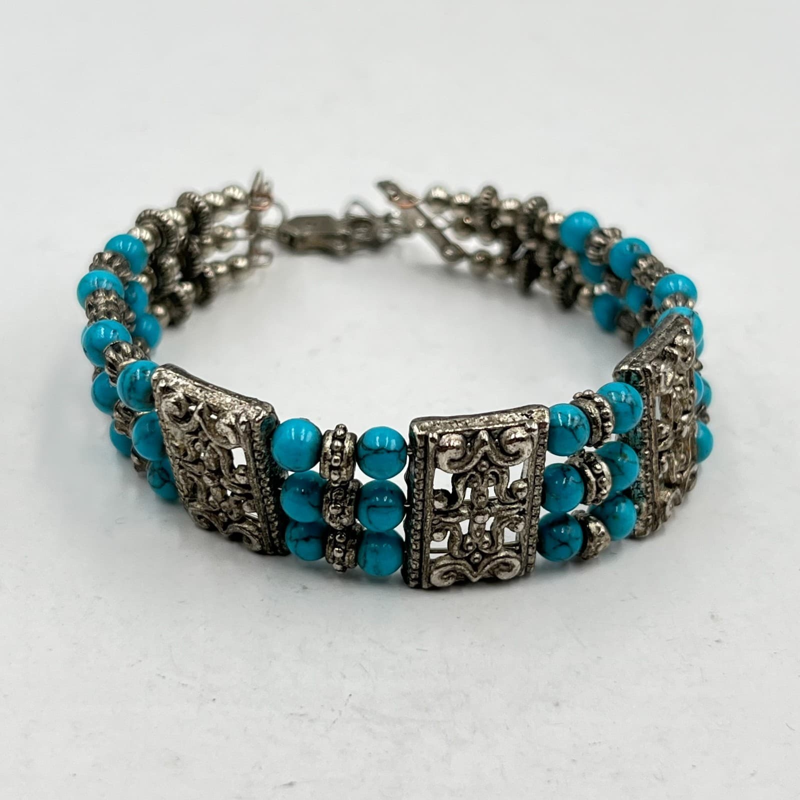Vintage Boho Silver Tone Faux Turquoise 3-Row Beaded Filigree Panel Bracelet