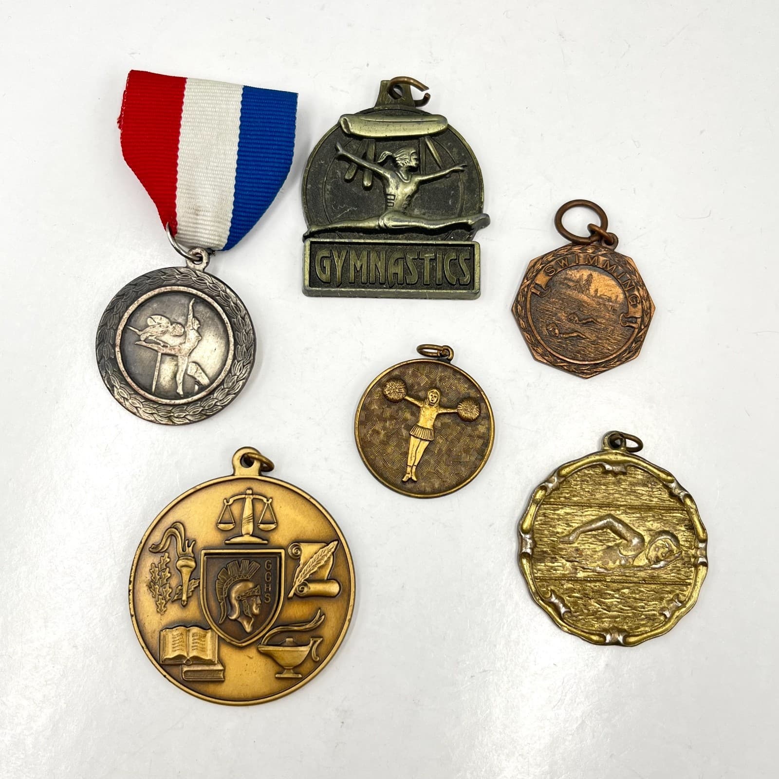Vintage Sports Medals & Pins Lot 6pc Gymnastics Swimming Cheer Varsity 1980s
