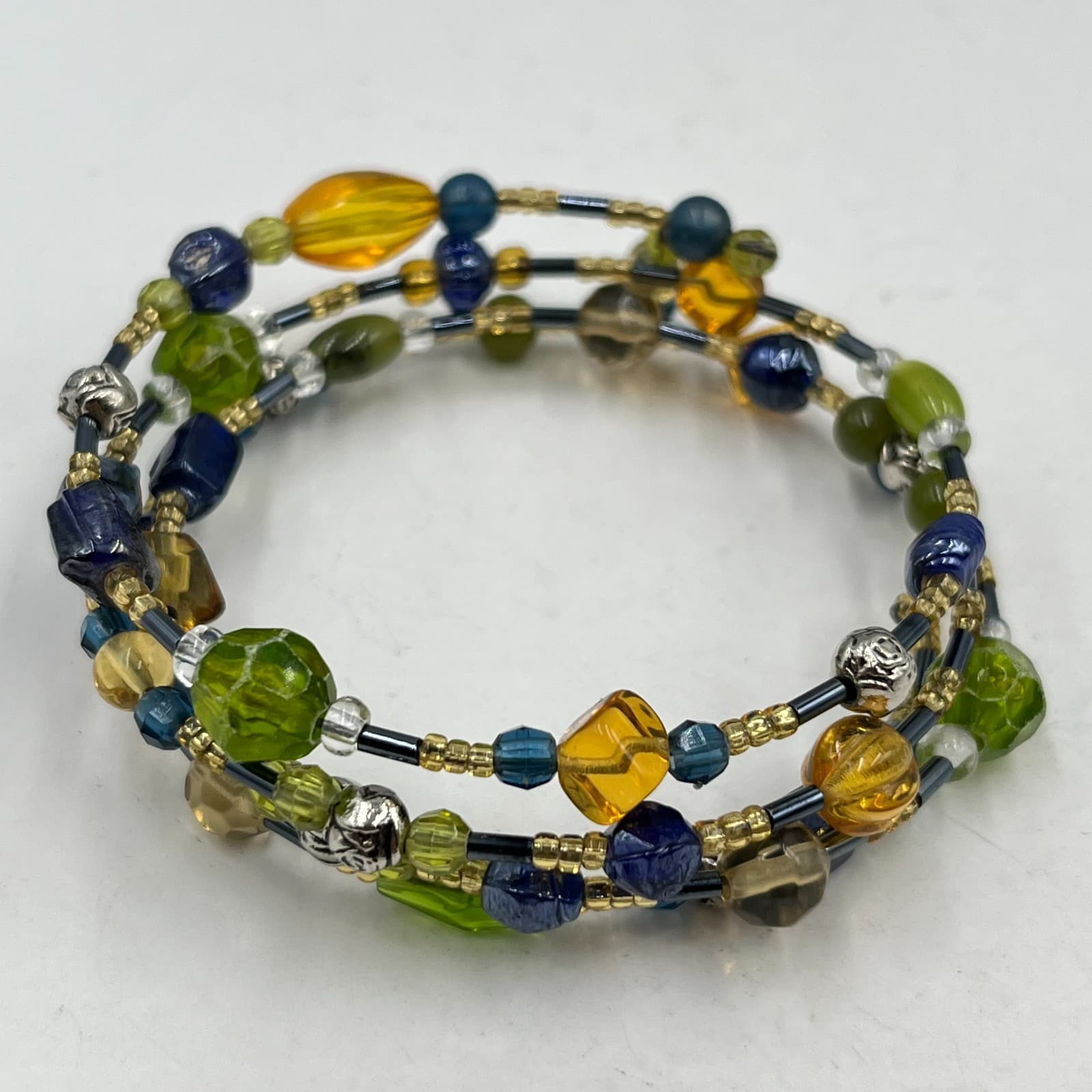 Vintage Y2K Boho Multi-Strand Wrap Bracelet Green Blue Amber Beads 80ch Classic