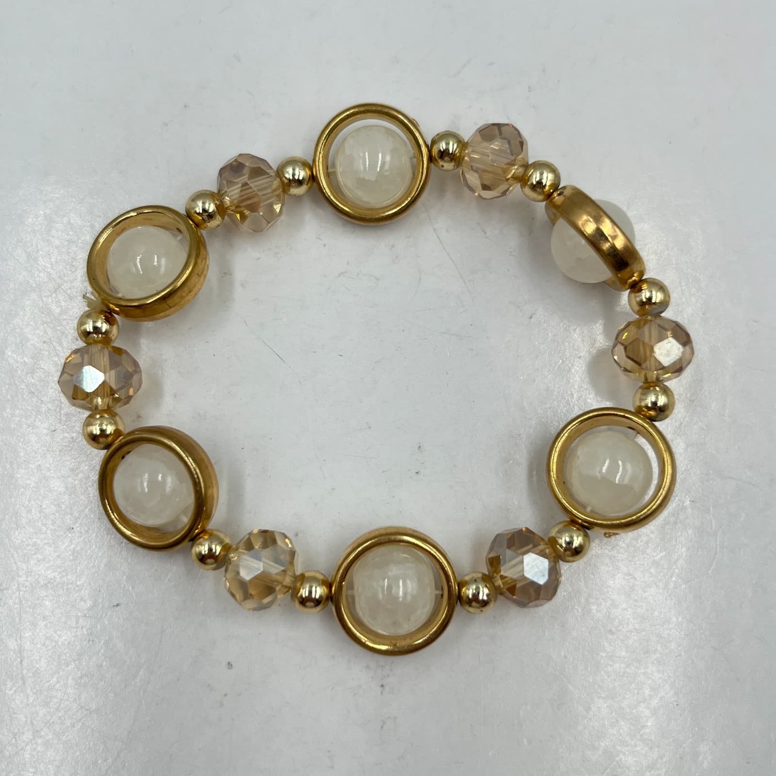 Vintage Gold Tone Halo White Stone Stretch Bracelet Champagne Crystal Retro