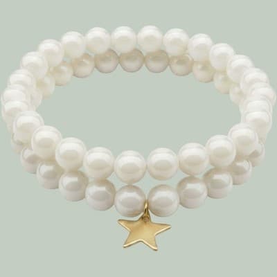 Vintage White Beaded Stretch Bracelet Duo Set Gold Tone Star Charm Y2K Boho