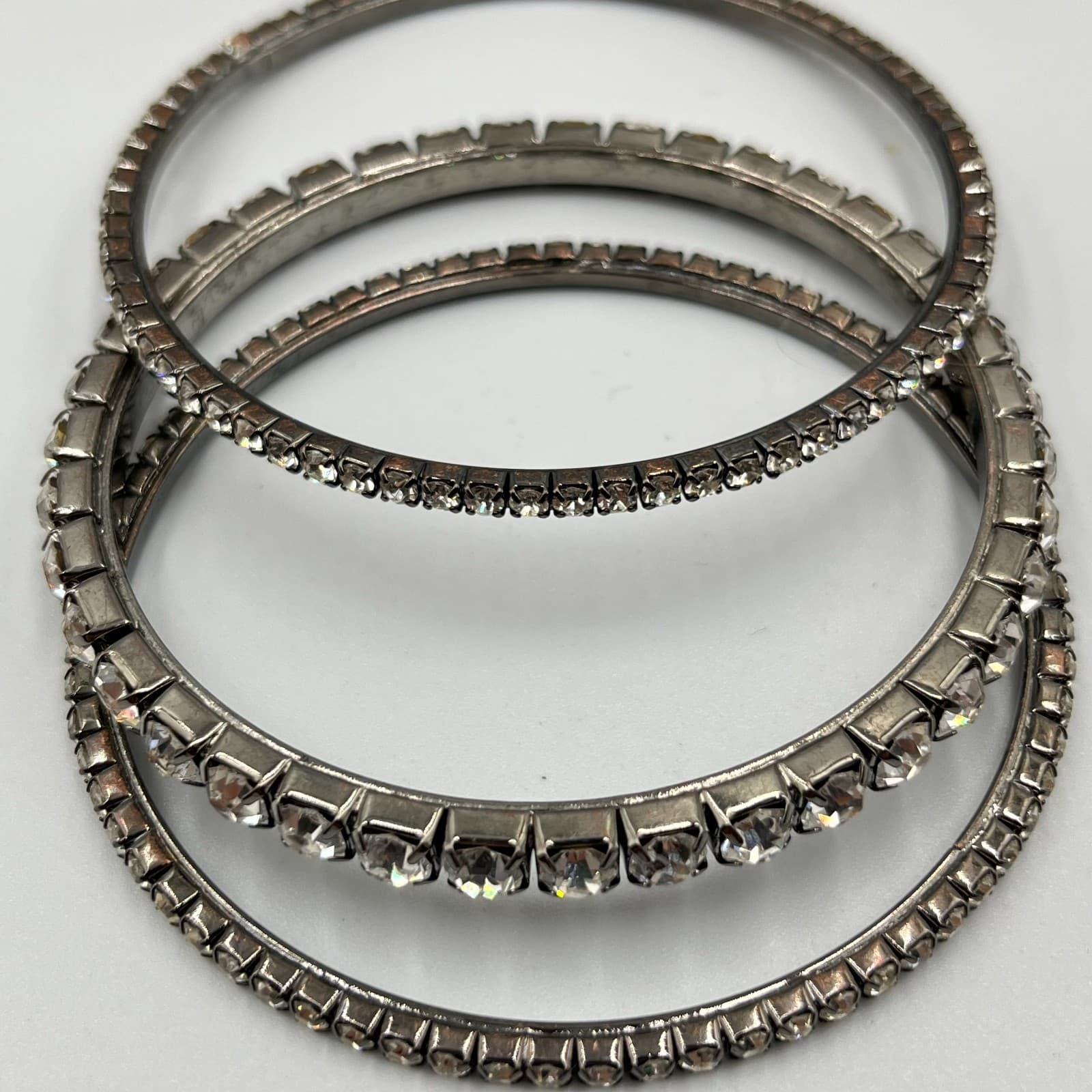 VTG Rhinestone Bangle Tennis Braelet Set-Silver Tone Clear Crystal 3-Piece Stack