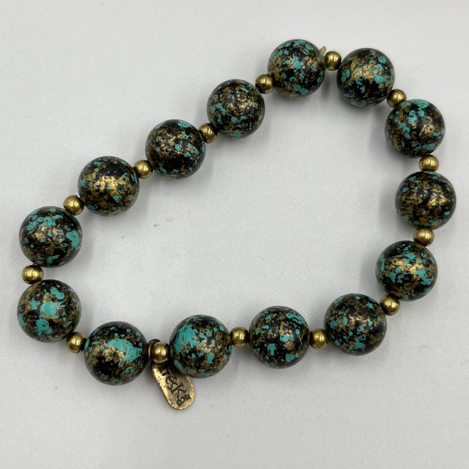 Vintage Treska Boho Stretch Bracelet Marbled Blue Gold Speckled Beaded Classic