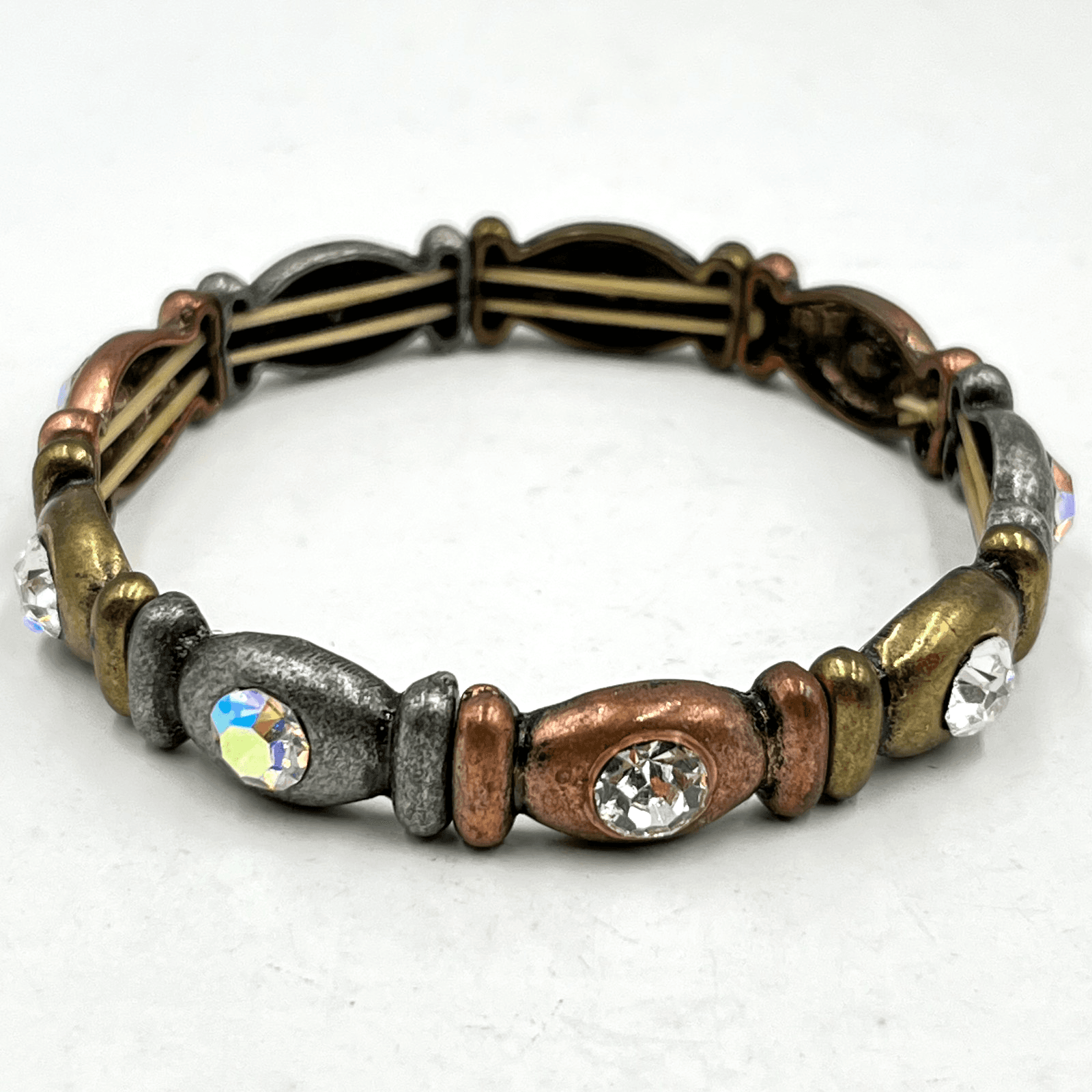 Vintage Mixed Metal Faceted AB Rhinestone Stretch Bracelet Boho Industrial